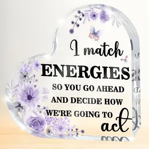 Purple Acrylic Heart-Shaped Desk Decor with Floral & Butterfly Design - "I Match Energies" Quote, Perfect for Coworkers, Office Gifts, and Female Desktop Accessories, Coworker Gift | Floral Butterfly Design | Acrylic Desk Decor
