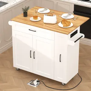 Kitchen Island On Wheels, Rolling Kitchen Islands Cart with Drop Leaf Countertop, Modern Kitchen Islands with Power Outlets,Door Storage Cabinet,Drawers