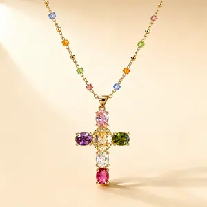 Colorful Cubic Zirconia Cross Necklace for Women - Dainty Beaded Collarbone Chain Y2K Dopamine Aesthetic Sweet and Cool Edgy Pendant Cinematic Retro Glam Statement Jewelry Birthday Gift for Her summerwins