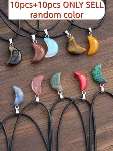 20-Piece Natural Stone Crescent Pendant Necklace Set, DIY Jewelry Making Kit, Easter & Birthday Gifts, 10 Pendants + 10 Chains