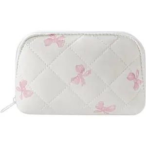 Dome Cosmetic Makeup Bag Small Cotton Quilted Makeup Pouch for Purse Cute Floral Travel Toiletry Zipper Pouch (Pink Small Bowknot)