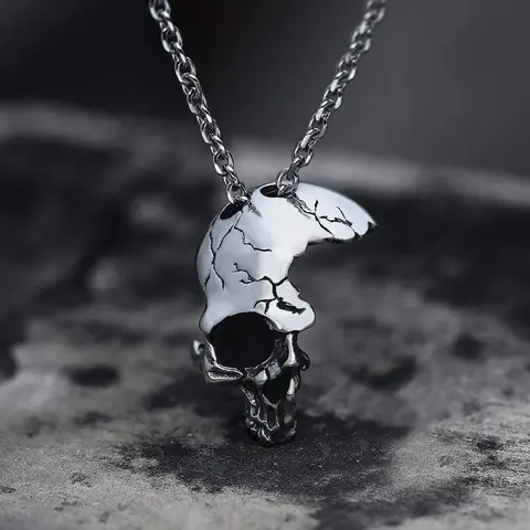 GTHIC Men's Gothic Damaged Half-Face Skull Stainless Steel Pendant Necklace - Pendant Design, Durable Steel for Daily Wear, Bold Vibe, Gothic Symbolism, Unique Jewelry, Solid Glossy Casual Accessory, Gift for Anniversary/Birthday