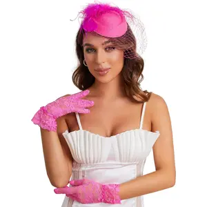20s 50s Pillbox Derby Fascinator Hat Veil  Fascinators Hair Clip Wedding  Party Hat and Short Lace Gloves for Women