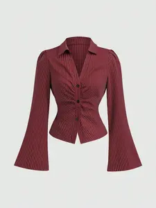 Women's Striped French Style Slim-Fitting Shirt, Elegant Waist Cinching Blouse, Versatile Fashion Top for All Occasions
