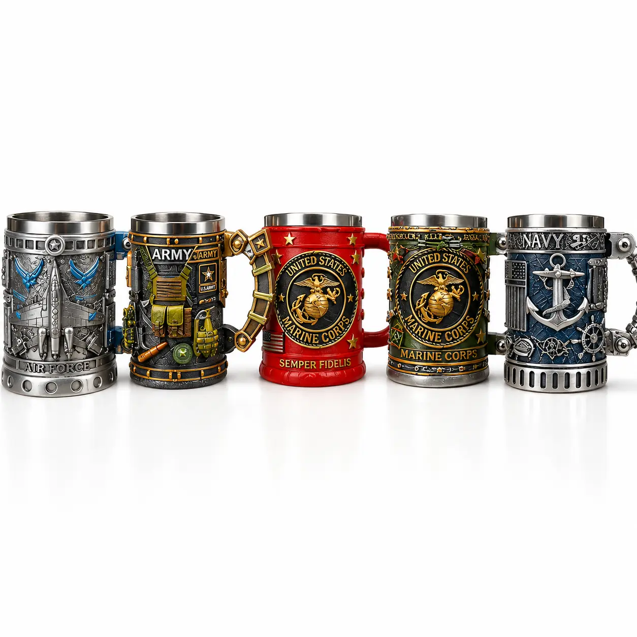 Military 3D Resin Mug with Stainless Steel Liner, 13-15oz Hand-Painted Collectible Tankard for Coffee, Beer & Gifts
