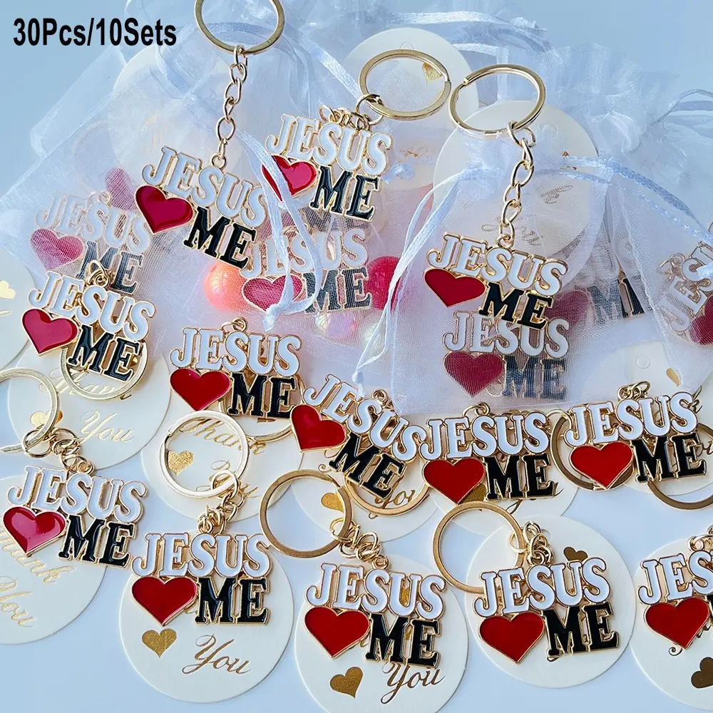 30Pcs/10Sets Jesus Loves Me Heart Pendant Faith Guardian Alloy Keychain Party Favor Pack, Bulk Christian Keychains, Gifts for Christmas, Easter, Bible Study Group, Church Gifts, Inspirational Gifts, First Communion, Baptism, Birthday, Religious Souvenirs
