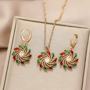 New Christmas Color Matching Wreath Alloy Pendant Earrings Necklace Set for Women Christmas Simple Jewelry
