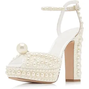 Womens Open Toe Pearl Platform Heels For Women Chunky Buckle Ankle Strap Wedding Heeled Sandals Dress Evening Bride Bridal Shoes