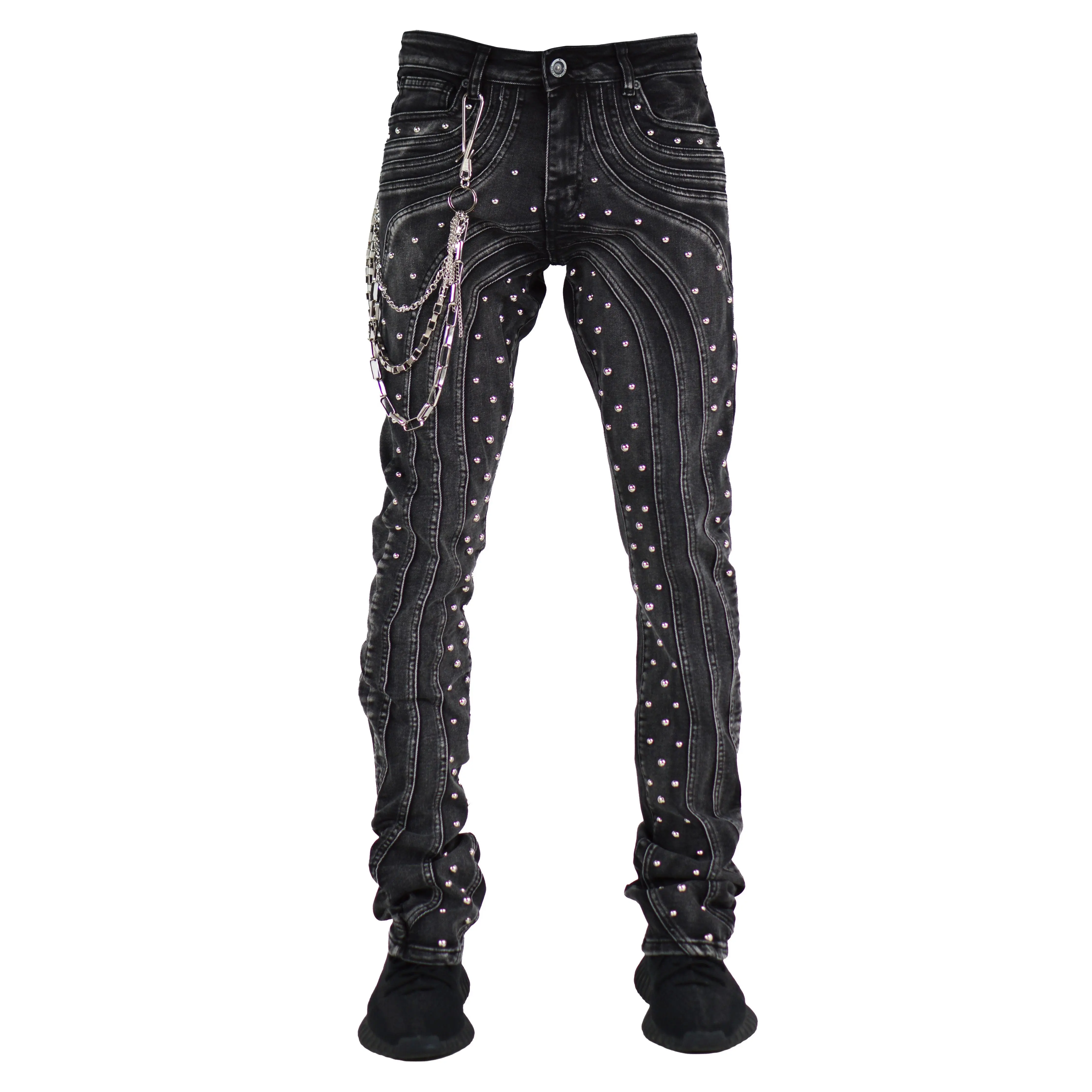 Men's Raceway Studded Slim Tapered Stacked Jeans - Black Wash Stretch Spandex-Cotton Blend Denim with Metal Chain, Pockets, Zip Fly, Menswear Bottoms