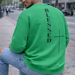 SROLCA Men's Heavy Cotton Long Sleeve T-Shirt Green Color Blessed Design Faith Inspired Casual Streetwear with Bold "BLESSED" Print