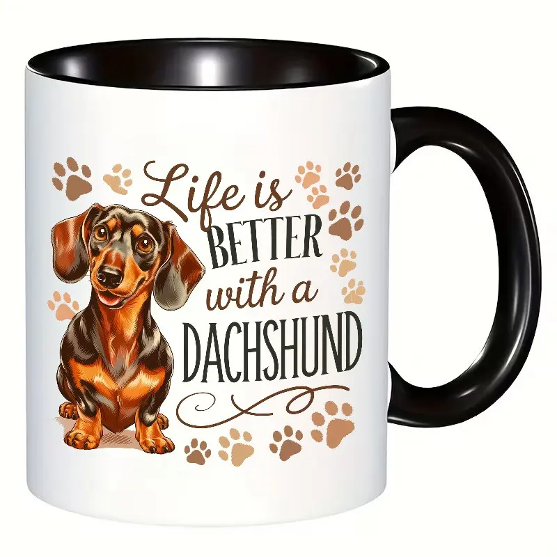 Cute sausage dog patterned mug, like is better with a dachshund - coffee cup, perfect gift for pet owners, Drinkware, Travel Coffee Mug