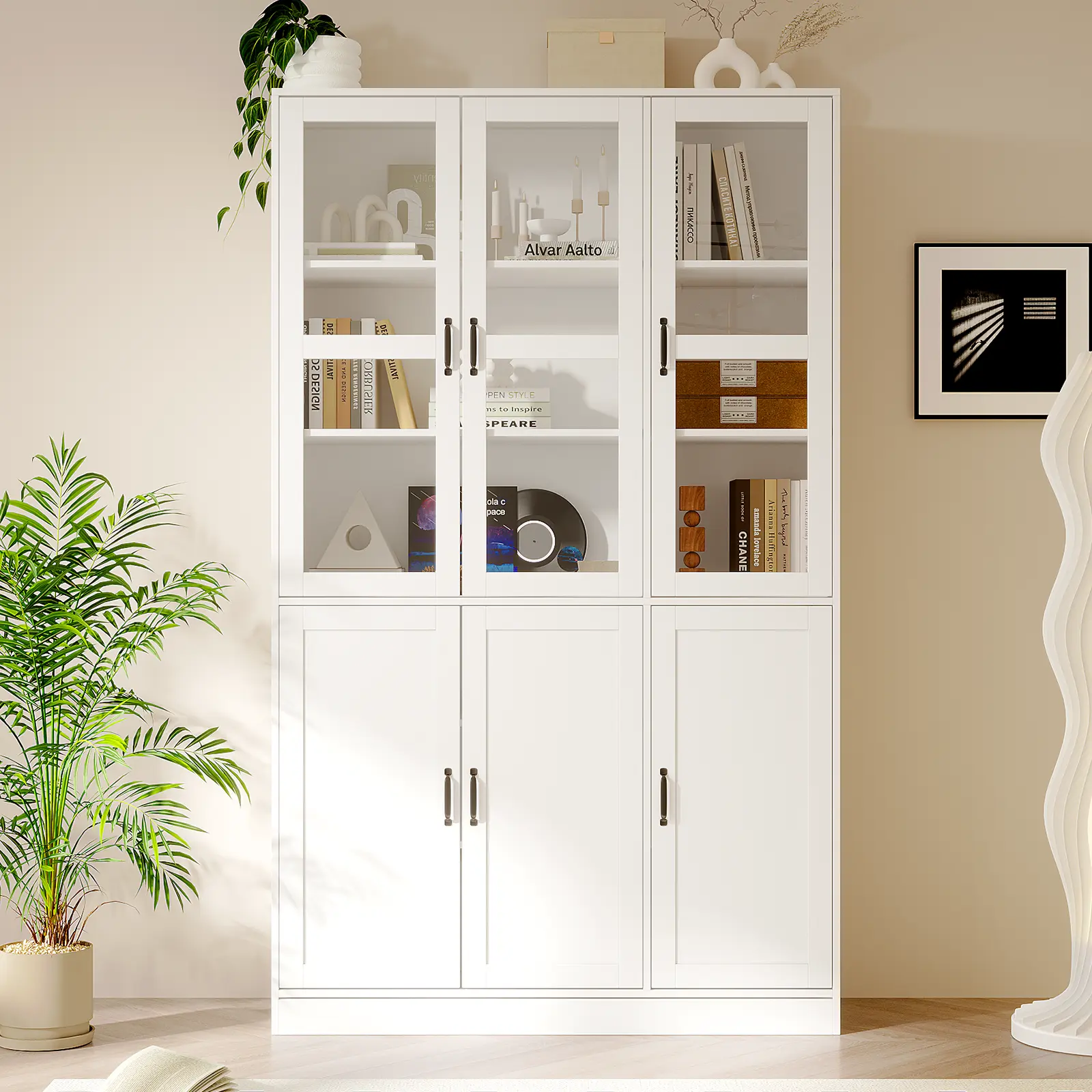 VOWNER 79" Tall Kitchen Pantry Storage Cabinet with 3-Door Glass Barn Door, 12 Shelves, Organizer, Freestanding Cupboard for Kitchen, Office, Living Room, White