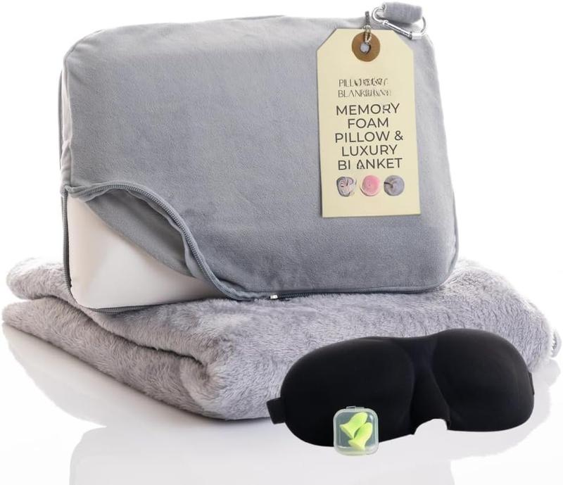 Travel Pillow and Blanket Set - 4-in-1 Ultimate Travel Kit with Memory  Pillow, Travel Blanket, Sleep Mask, and Earplugs-Ultimate Comfort and Coziness for Your Journeys - Grey