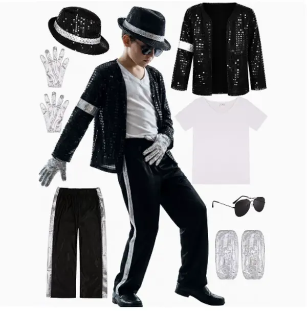 Kids Michael Jackson Cosplay Costume Set, Boys Black Sequin Dance Jacket & Pants, Pop Star Stage Performance Outfit, Halloween Dress Up Costume, Plus Size Available