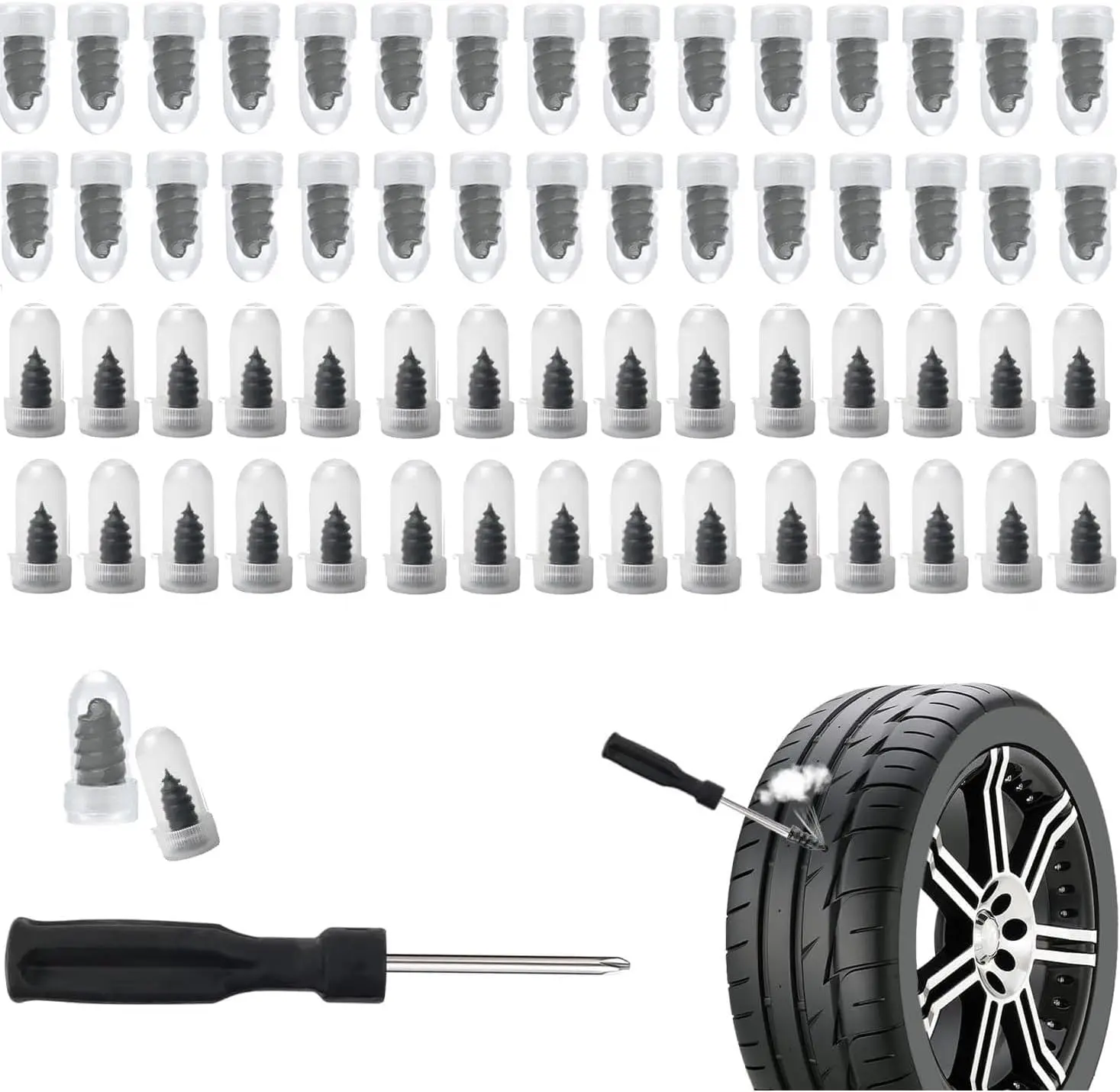 60PCS Tire Repair Rubber Nail Kit with 2 Sizes, Self-Service Tire Repair Kit with Plugs & Screwdriver for Quick Puncture Fix, Portable Screw in Tires Plugs as Tires Plug Kits