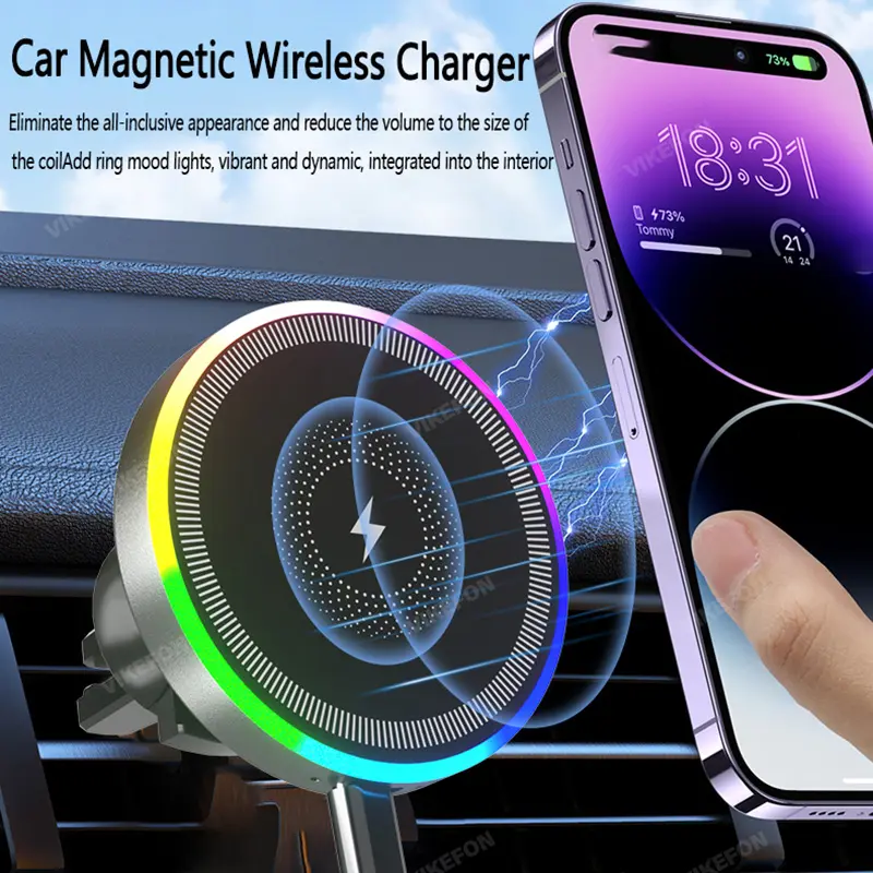 Car Magnetic Wireless Charger Air Vent Bracket Clip Phone Holder Stand RGB Light For iPhone 17 16 15 14 13 12 Pro Max Fast Charging Magsafe Car Charger Car Gadgets