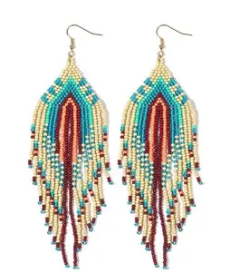 Bohemian Tassel Colorful Beaded Earrings For Women Trendy, Long Fringe Feather Drop Jewelry Handmade Gifts.
