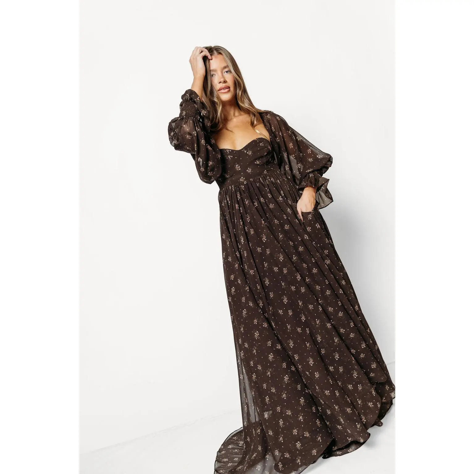 Delilah Maxi Dress with Train in Deep Coffee Brown - Bump Friendly