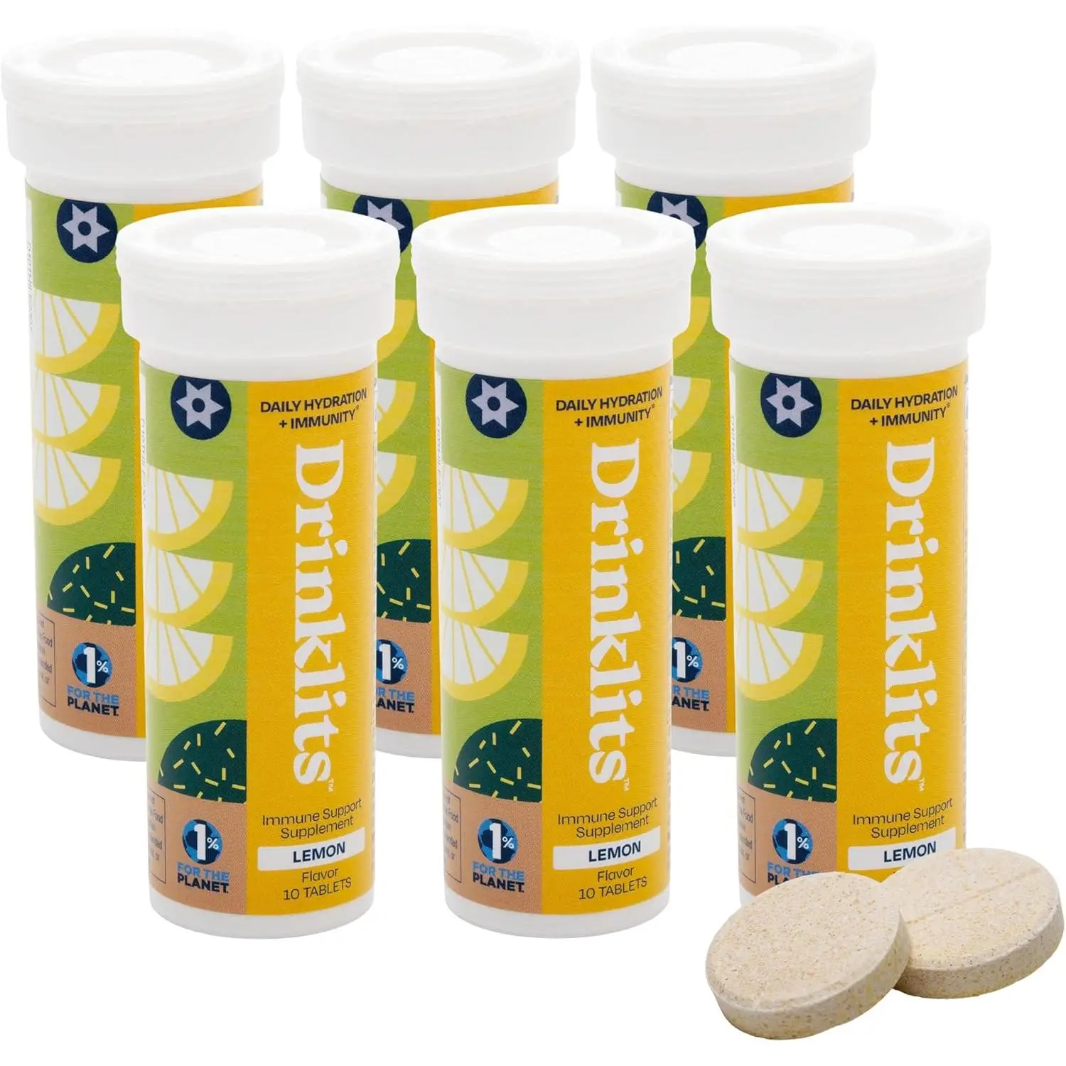 Drinklits Lemon Immune Support Tablets (6) Tube Bundle | Daily Immunity - 0g Sugar - Vitamins - Electrolytes - Herbal Blend | 60 Servings – 10 Tablets per Tube