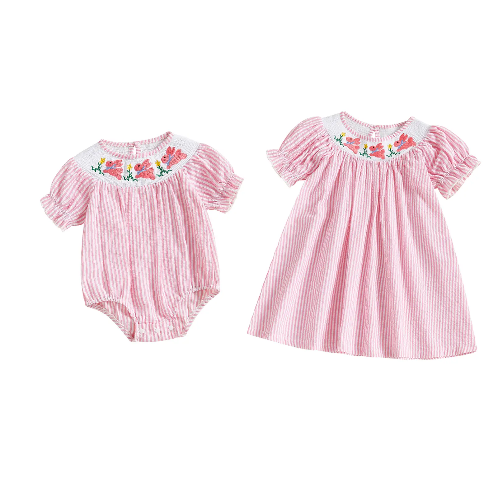 Baby Girl Easter Bunny Outfit Smocked Romper Dress Rabbit Embroidery Striped Puff Short Sleeves Onesie Bodysuit Jumpsuit Spring Summer Clothes #Spring