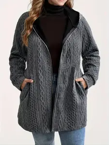 Plus Size Cable Knit Hooded Cardigan– Casual Zipper Front, Trendy Daily Outfit, Cozy Knit Jacket, Office Layering Coat, Y2K Aesthetic Clothes, Matching Jeans & Turtlenecks