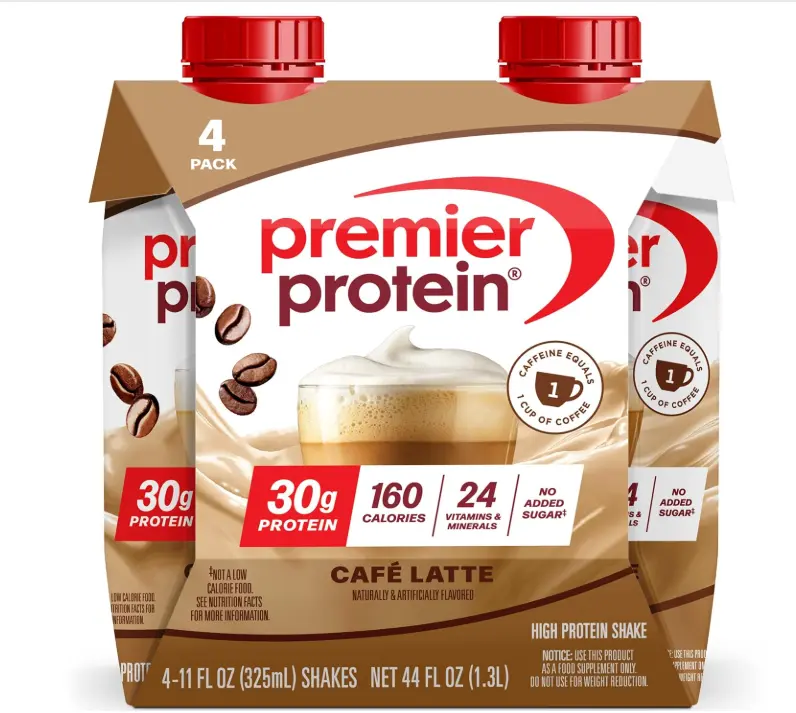 Premier Protein Shake +Energy, Café Latte, 30g High Protein, 4 Pack | Caffeinated, 160 Calories, 24 Vitamins & Minerals, No Added Sugar, Supports Muscle Health, Gluten-Free, 11 oz