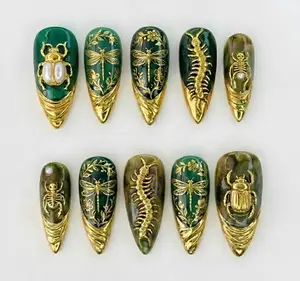 Emerald Enchanted Forest Press On Nails | Gold Beetles, Dragonflies & Centipede Embellishments | Stiletto Nails For Dark Academia Vibe