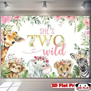 2D Flat Banner 1pc, Banner She's Two Wild Youngsters Safari Party Backdrop - Pink Floral Animal Theme Giraffe, Elephant, Lion, Zebra & Youngsters in Floral Crowns - 2nd Birthday Photography Background Girls, C