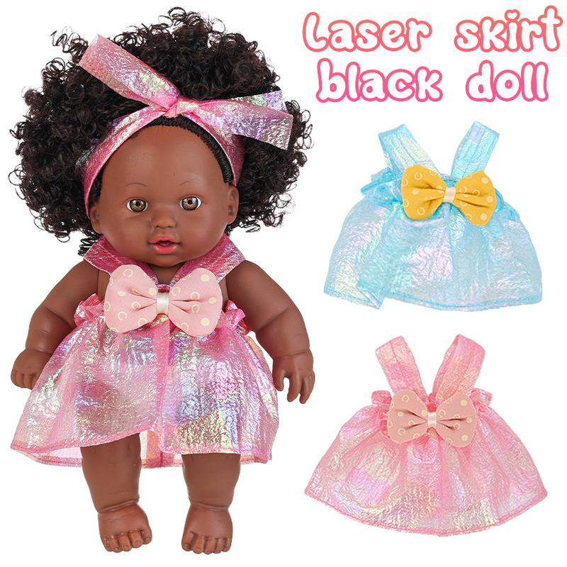 Ecore Fun 2 Pcs 8 Inch Black Baby Doll African Washable Realistic Silicone Baby Dolls with Clothes and Hairband…