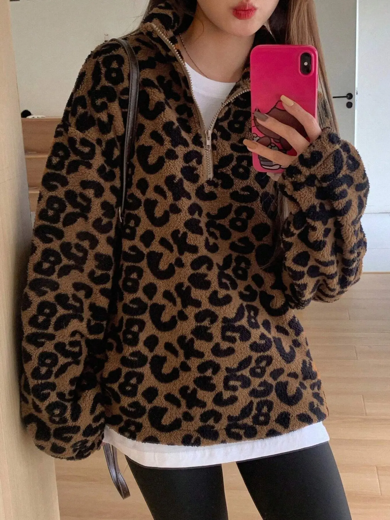Women's Fall Winter Fashion Leopard Print Half-Zip Fuzzy Pullover Sweater Top, Lining Included, Sizing Runs Small, Order One Size Up