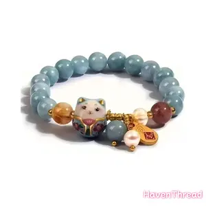 Women's Feng Shui Lucky Cat Bracelet - Ceramic Cat Pendant, Blue Crystal Accent, Wealth & Protection Jewelry for Sports & Outdoor Fan Shop Gaming Enthusiasts