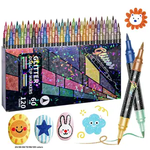 24/48/72/96/120 colors glitter effect brush markers, dual tip dual color, 1–5 mm soft brush (shimmer) markers for doodling and handwriting, glitter art crafts, ideal for making greeting cards and birthday cards