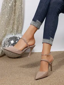 Women's Spring & Fall Pointed Toe Stiletto Heel Dress Shoes, Chain Design, Solid Color, Comfortable Evening Party Footwear, Elegant Party Shoes