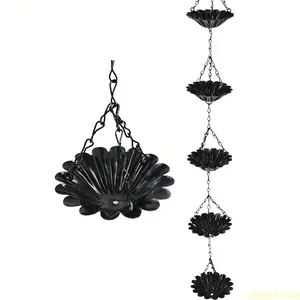 Metal Black Flower Rain Chain, Outdoor Garden Decoration Hanging Rain Chain Rainwater Diverter, Collector