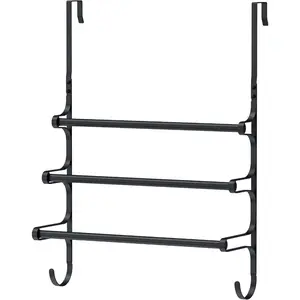 Over The Door Towel Rack, Over Door Towel Rack For Bathroom Door, Triple Towel Storage Holder With Hooks (Matte Black, 17.32" L)