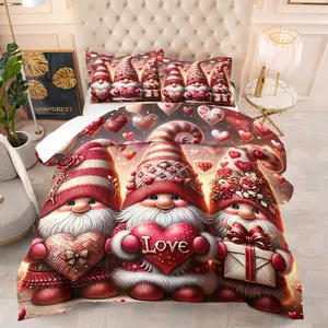 2pcs/3pcs Happy Valentine'S Day Bedding Set,Holiday Gifte Rose Heart-Shaped Gnome Goblin Dwarf Love Printed Comforter Set, Suitable for Bedroom, Guest Room, Dormitory Holiday Decoration, Romantic and Warm, Including 1 Quilt and 1/2 Pillowcase