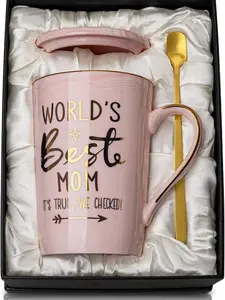 Mothers Day Birthday Gifts for Mom from Daughter Son - 14Oz Funny Best Mom Mug with Gold Print, Unique Pink Marble Coffee Cup with Lid Spoon Greeting Card, Happy Moms Gifts Idea, Luxury Gift Boxed Set