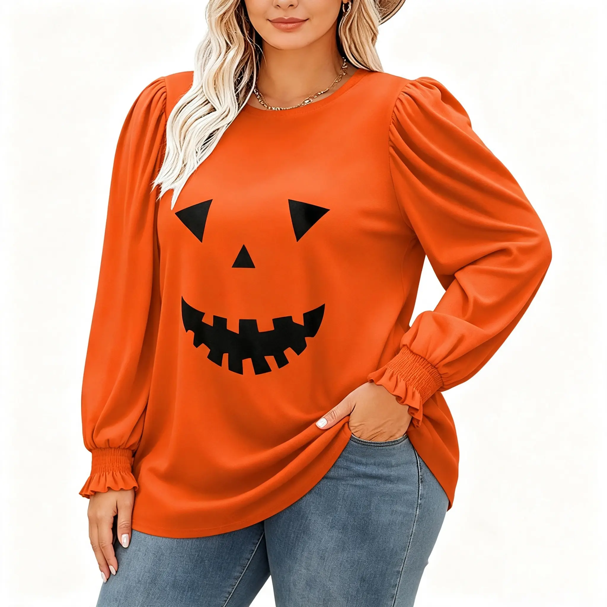 Plus Size Halloween Tops for Women Casual trendy Spooky Orange Pumpkin Ghost Face Shirts Dressy Pleated Puff Sleeve Crewneck Tunics sweatshirt XL-5XL DPS1069