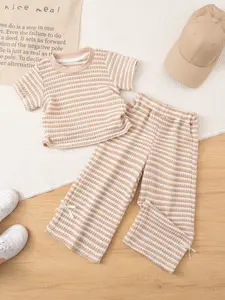 Girls' Fashion Knitted Elastic 2-Piece Set, Striped Sets, Summer Striped Round Neck Short Sleeve Top & Bow Tie Long Pants, 3-8 Years, Holiday Travel Party Gift