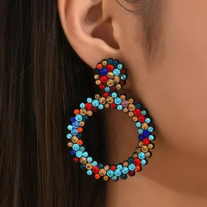 Women's European-American Style Minimalist Full Colored Rhinestones Large Hoop Earrings, Bling Bling Disco Hoop Earrings for Stacking, Hoop Earrings Stack