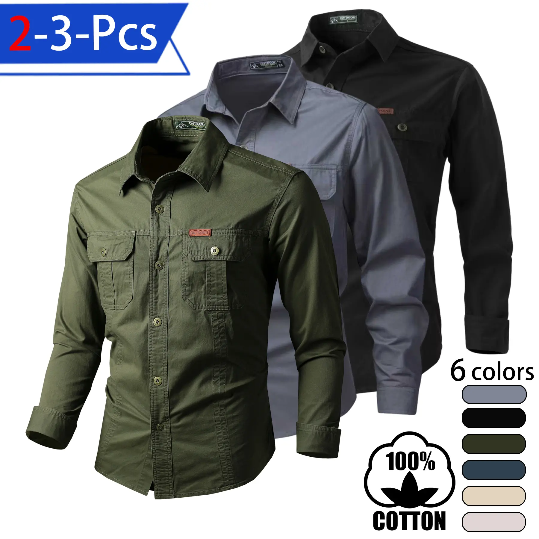 Men's 100% Cotton Long Sleeve Utility Work Shirt, Button Down Cargo Field Shirt with Chest Pockets, Outdoor Hiking Fishing Travel Tops, Casual Workwear Collared Shirt for Men, Rugged Tactical Streetwear Overshirt, 2 Pack 3 Pack Bundle, Daily Everyday Wear