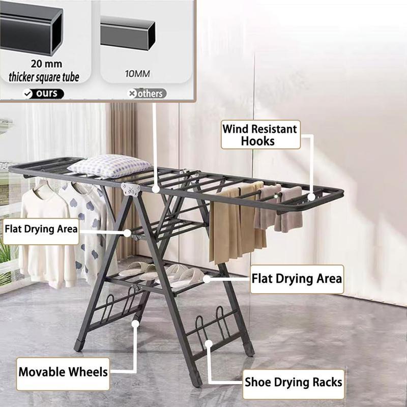 Foldable Indoor and Outdoor Clothes Drying Rack with Height-Adjustable Wings, 3-Tier Laundry Drying Rack with Windproof Hanging Holes and Wheels, 132 lbs Weight Capacity