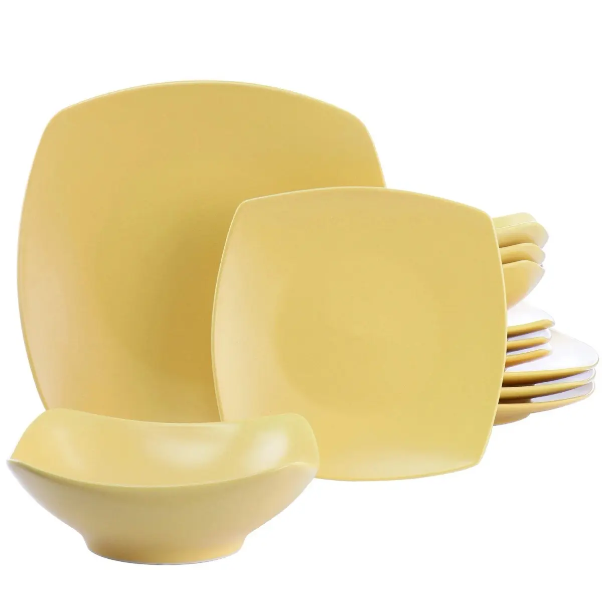 Gibson Home 135260.12 Zen Buffetware Square Fine Ceramic Dinnerware Set, Matte Yellow - 12 Piece