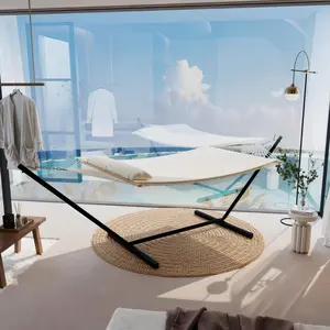 Double Hammock for 2 Persons with Heavy Duty Adjustable Steel Stand – Reversible Quilted Pad, Pillow & Hardwood Spreader Bars – Portable Outdoor Furniture for Patio, Garden, Beach, Backyard, Indoor/Outdoor Use – Easy Assembly –  Gray/white