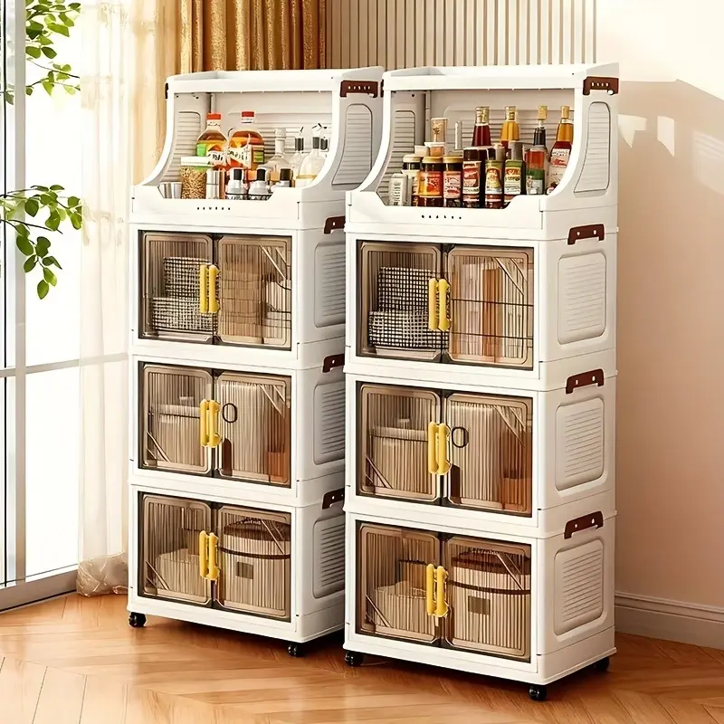 2/3/4-Tier Heavy-Duty Multi-Functional Folding, Rolling Storage Cabinet, with open shelves, large capacity, suitable for organizing in living rooms/bedrooms/kitchens/offices/dormitories, durable double-door cabinet with wheels, Kitchen Storage Cabinets