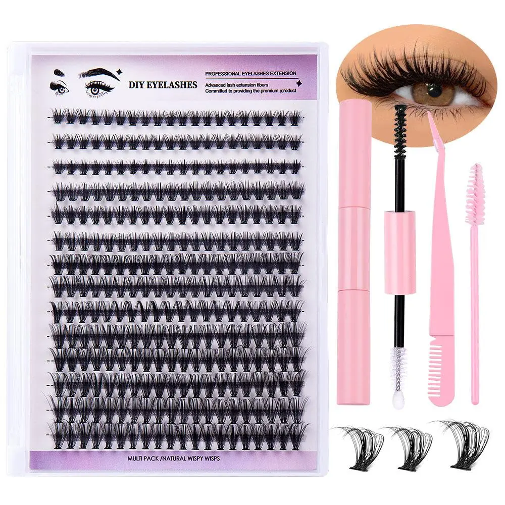 Fluffy Natural V-Curl Eyelashes with Professional Tweezers and Glue, DIY False Eyelashes, Perfect for Beginners, Back to School and Party Ready Lashes, Eyelash Extensions