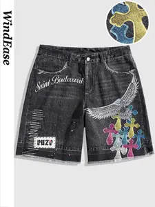 Men's Classic Saint Boulevard Embroidered Eagle Denim Shorts, Comfortable Loose Fit, Casual Button Fly, Above Knee, All Seasons