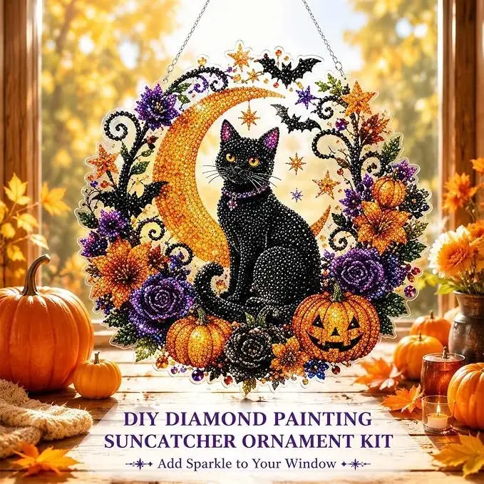Halloween Diamond Painting Suncatcher Ornament Kit, Pumpkin Black Cat DIY Gem Art Hanging Decoration, Acrylic Window Hanging Craft Kit, Sparkling Fall Home Decor Gift