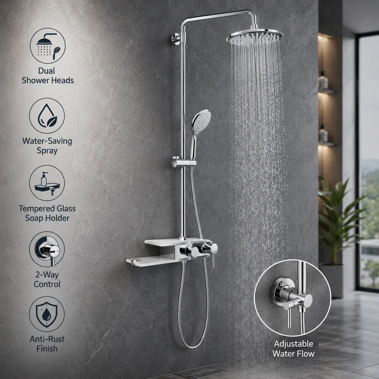 Clihome Silver Wall-Mount Fashion Shower Panel - Modern Design Tempered Glass Dual-Head Filtered Waterfall Shower System with 2-Way Adjustable Anti-Corrosion Diverter Valve for Apartments
