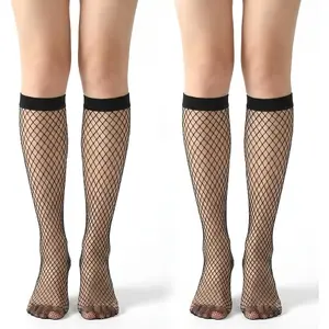 2 Pairs Fishnet Socks for Women, Women's Fishnet Knee High Socks, Black Mesh Hollow out Stockings with Elastic Mesh Net Sock